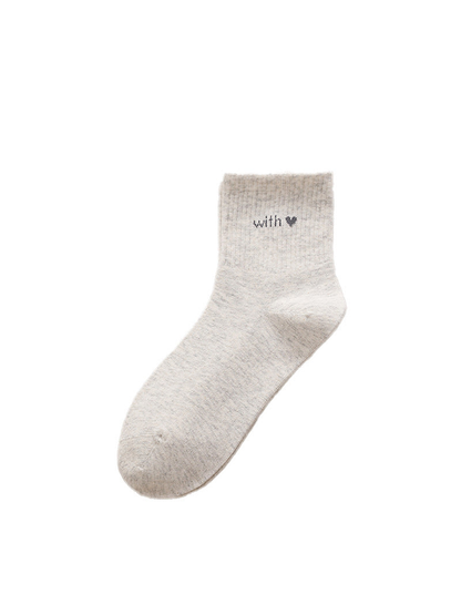 Light Gray crew sock with ribbed cuff, lettering and heart motif