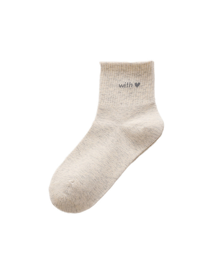 Khaki crew sock with ribbed cuff, lettering and heart motif