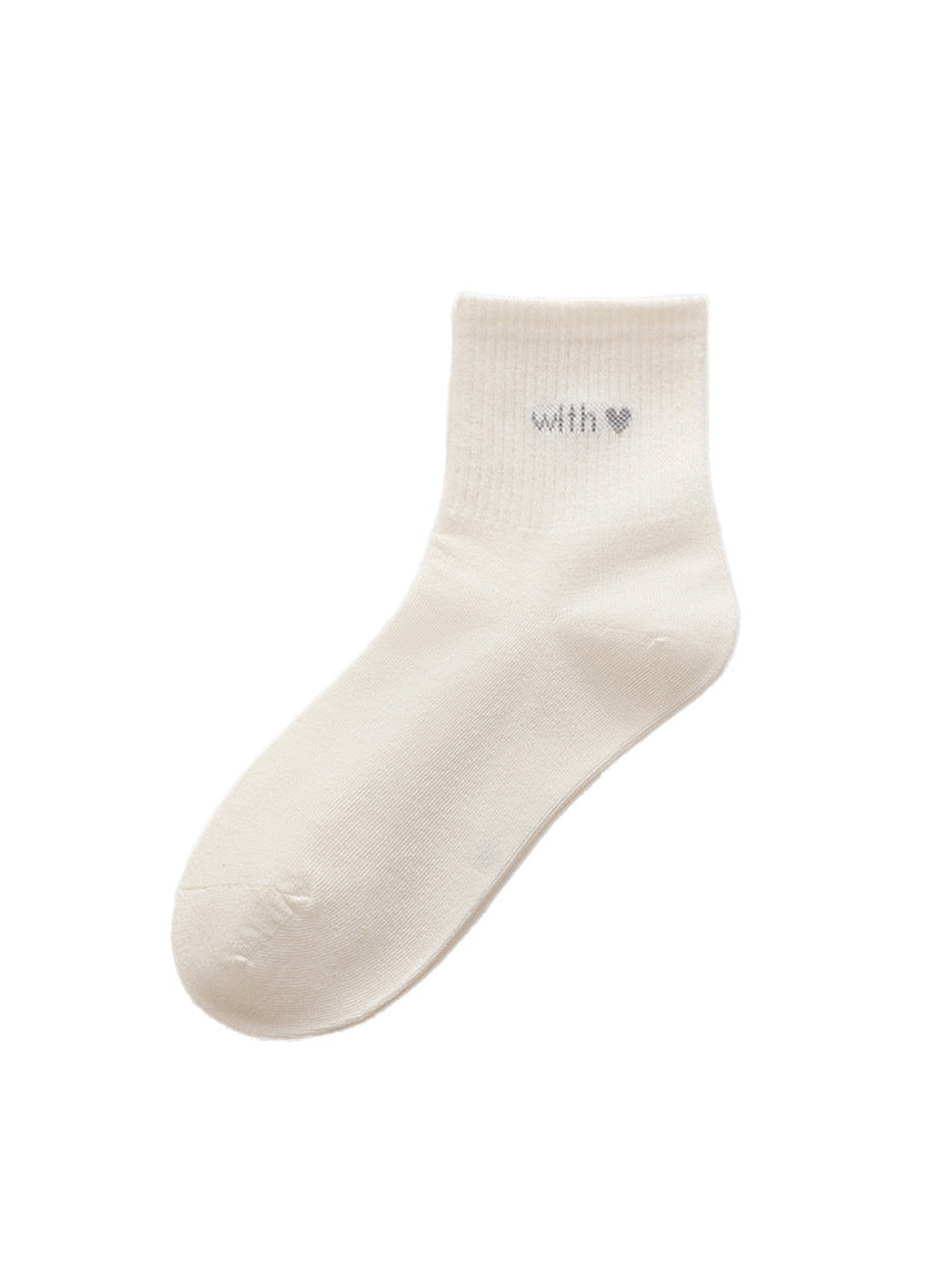 Ivory crew sock with ribbed cuff, lettering and heart motif