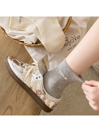 Close-up of Heather Gray sock cuff and heart motif