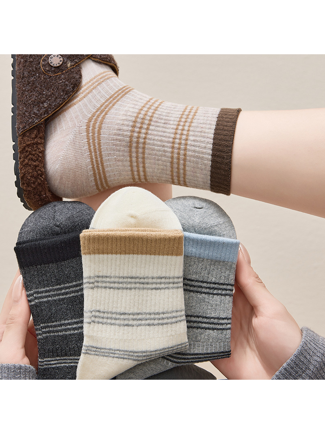 Multiple striped crew sock colorways displayed together