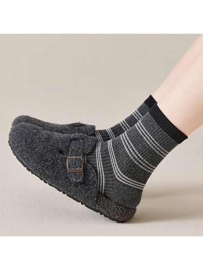 Black Gray striped crew socks styled with charcoal buckle shoes
