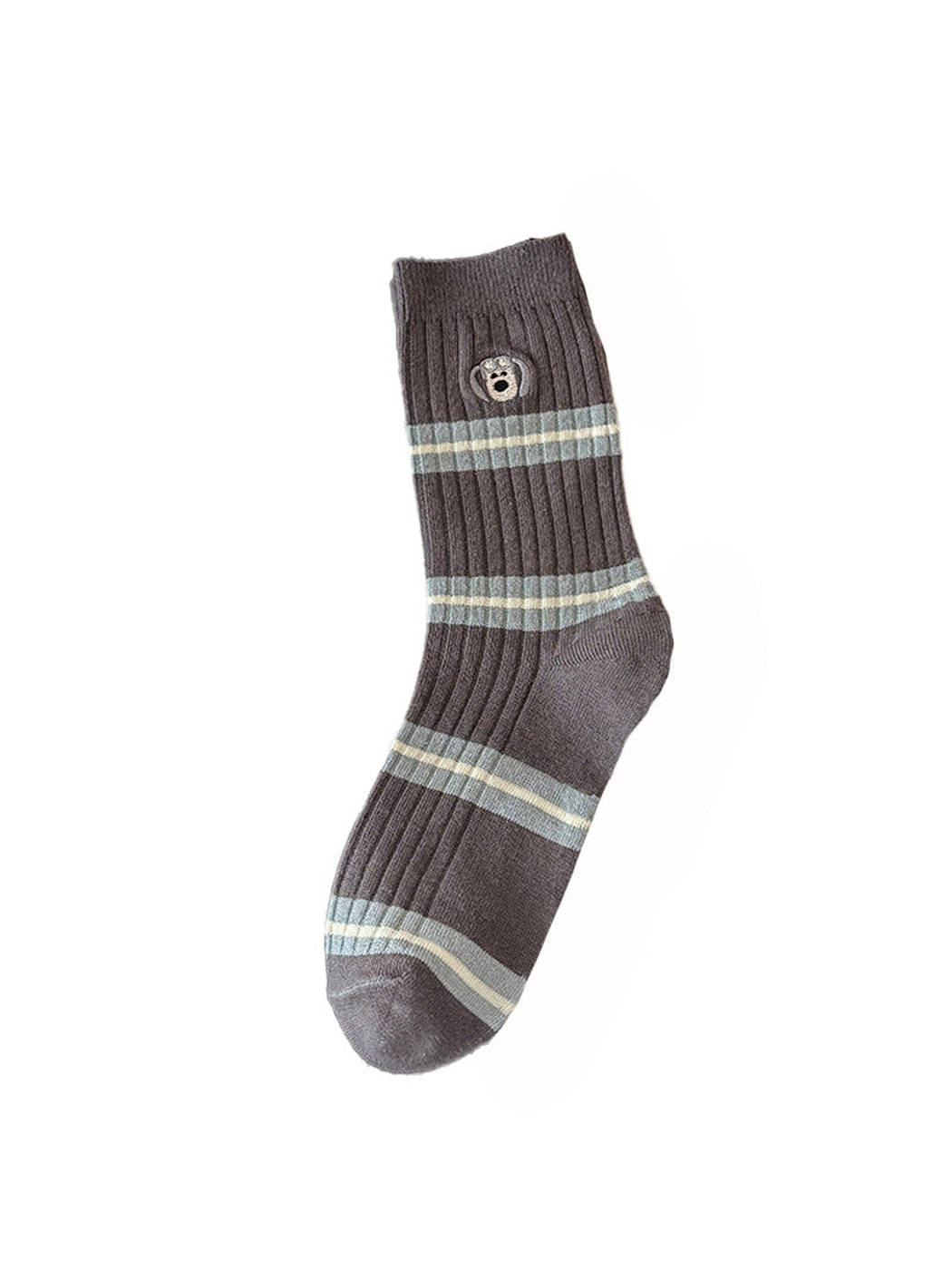 Goggle style dark gray ribbed crew sock with stripes and embroidered face