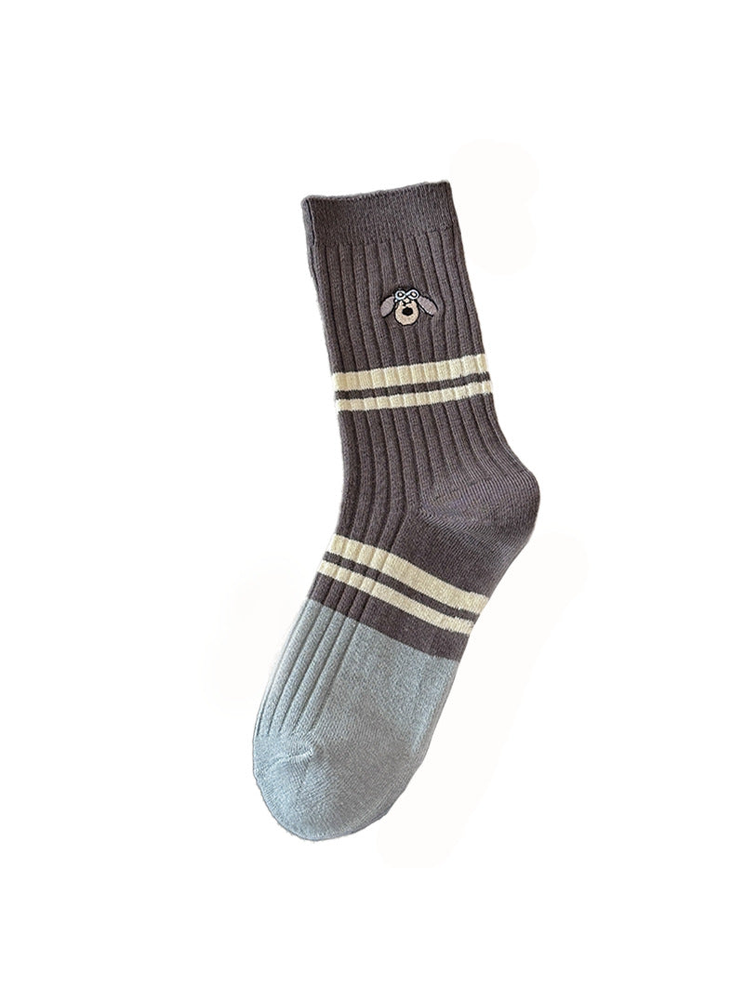 Floppy Ear style dark gray and pale blue ribbed crew sock with stripes