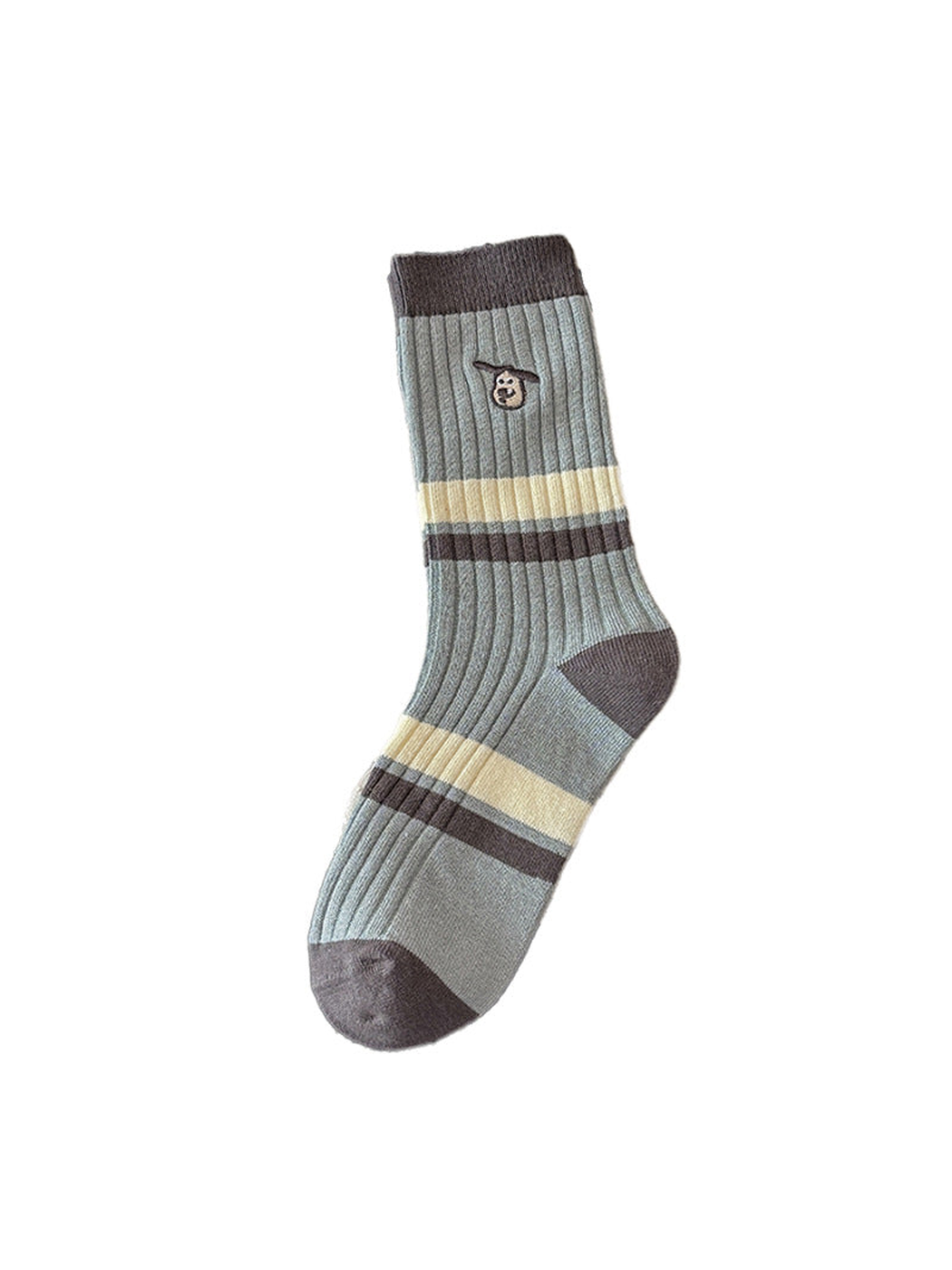 Cap style pale blue ribbed crew sock with cream and dark gray stripes