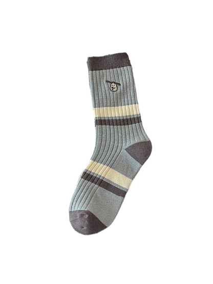 Cap style pale blue ribbed crew sock with cream and dark gray stripes