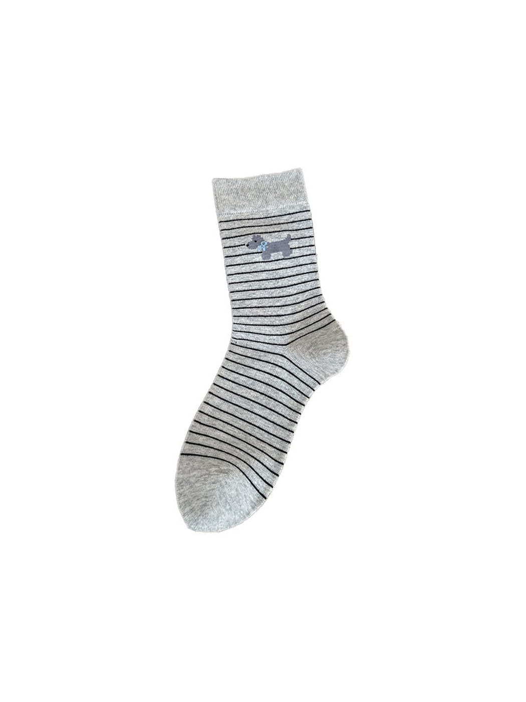 Gray Stripes crew sock with a small dog motif