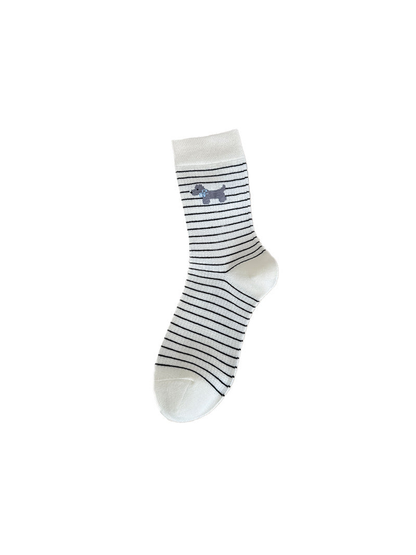 Ivory Stripes crew sock with a small dog motif