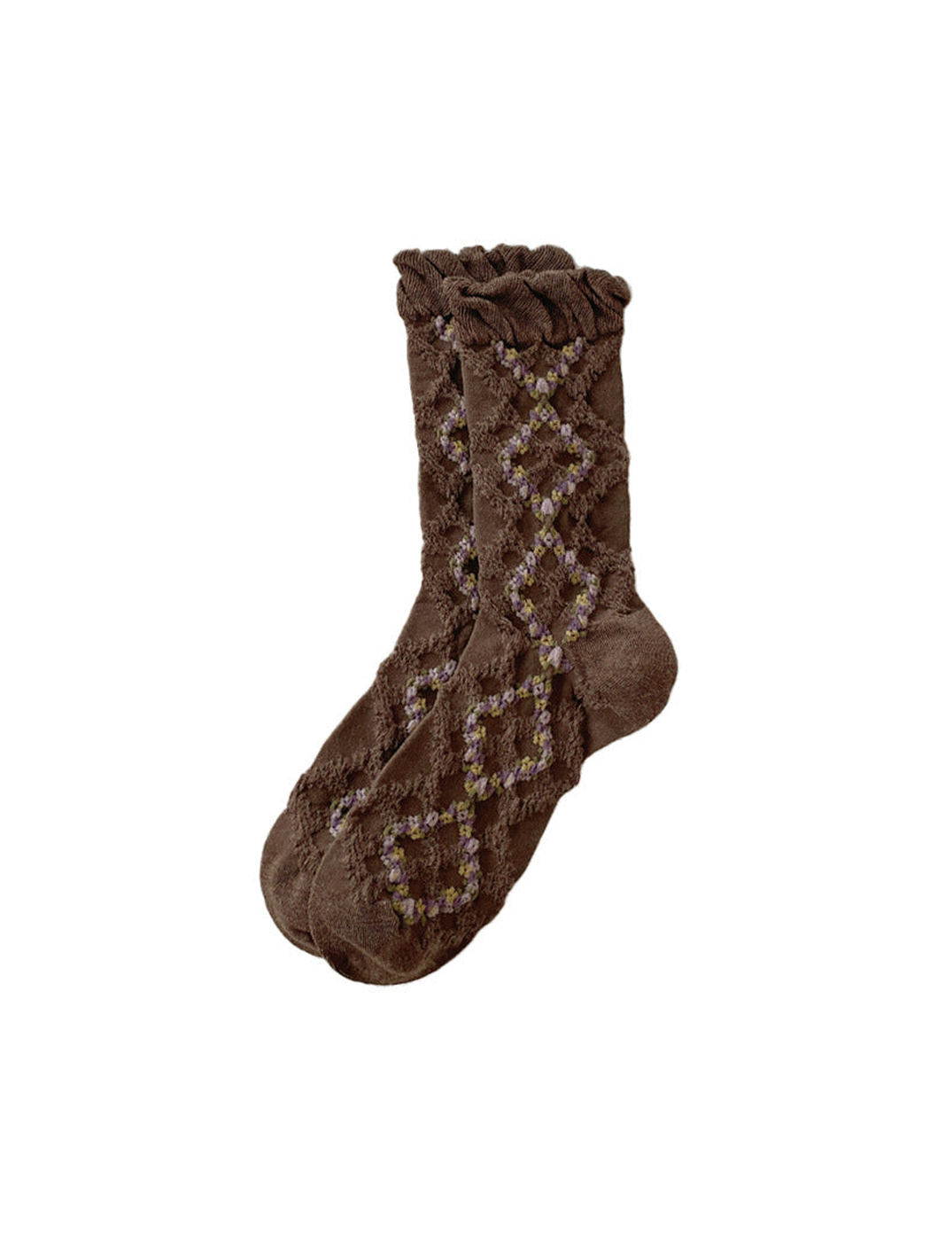 Coffee mid-calf socks with a ruffled cuff and openwork diamond pattern