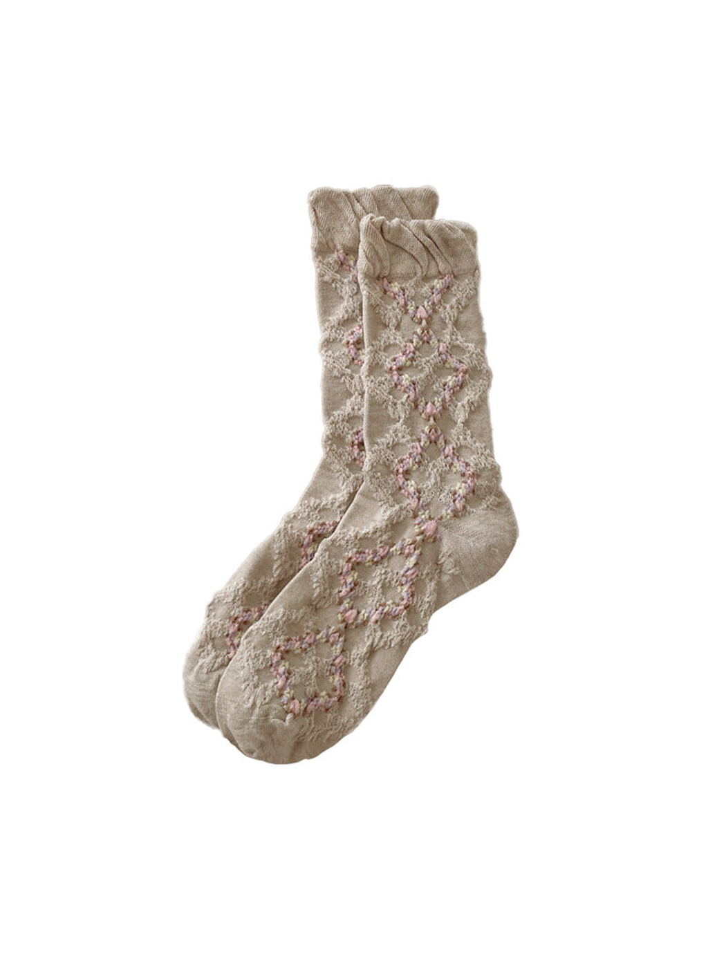 Khaki mid-calf socks with a ruffled cuff and openwork diamond pattern