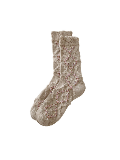 Khaki mid-calf socks with a ruffled cuff and openwork diamond pattern