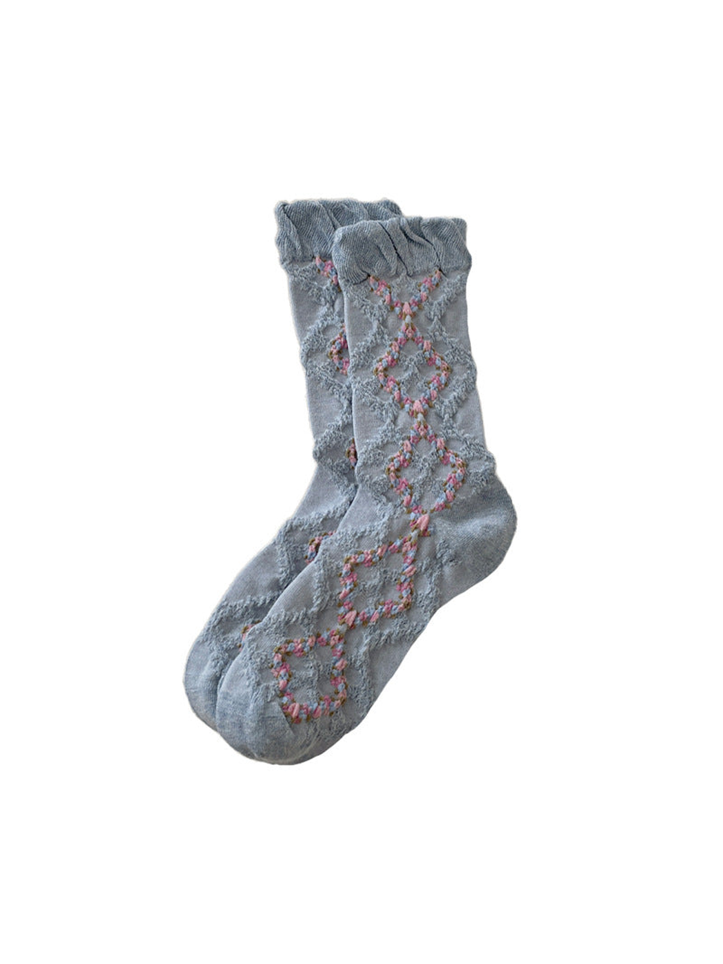 Light Blue mid-calf socks with a ruffled cuff and openwork diamond pattern