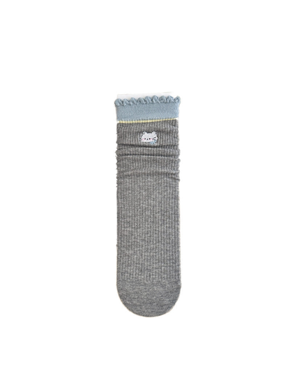 Cat Embroidery gray crew sock with a blue ruffle cuff