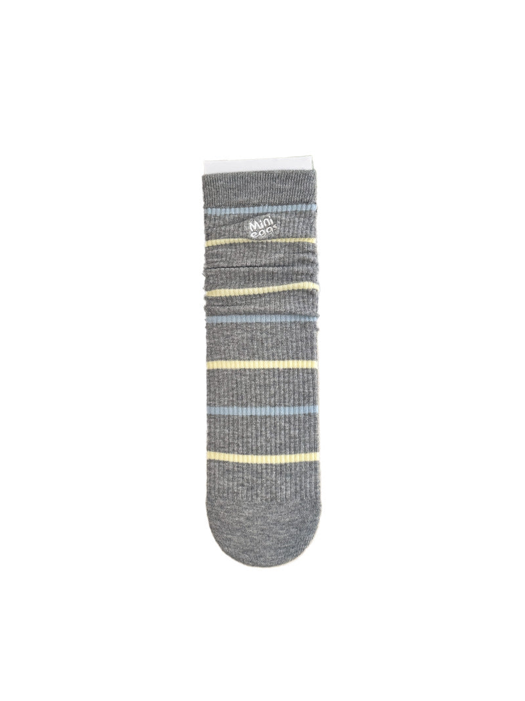 Lettered Stripe gray crew sock with blue and yellow stripes
