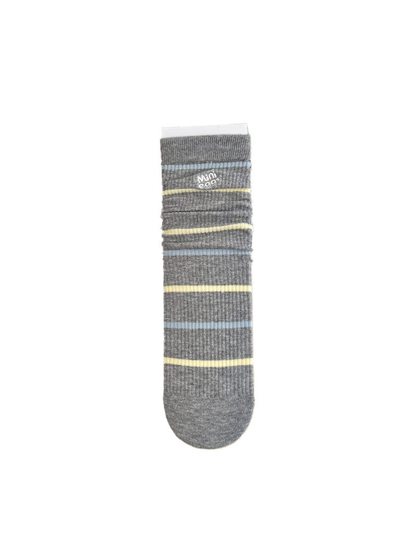 Lettered Stripe gray crew sock with blue and yellow stripes