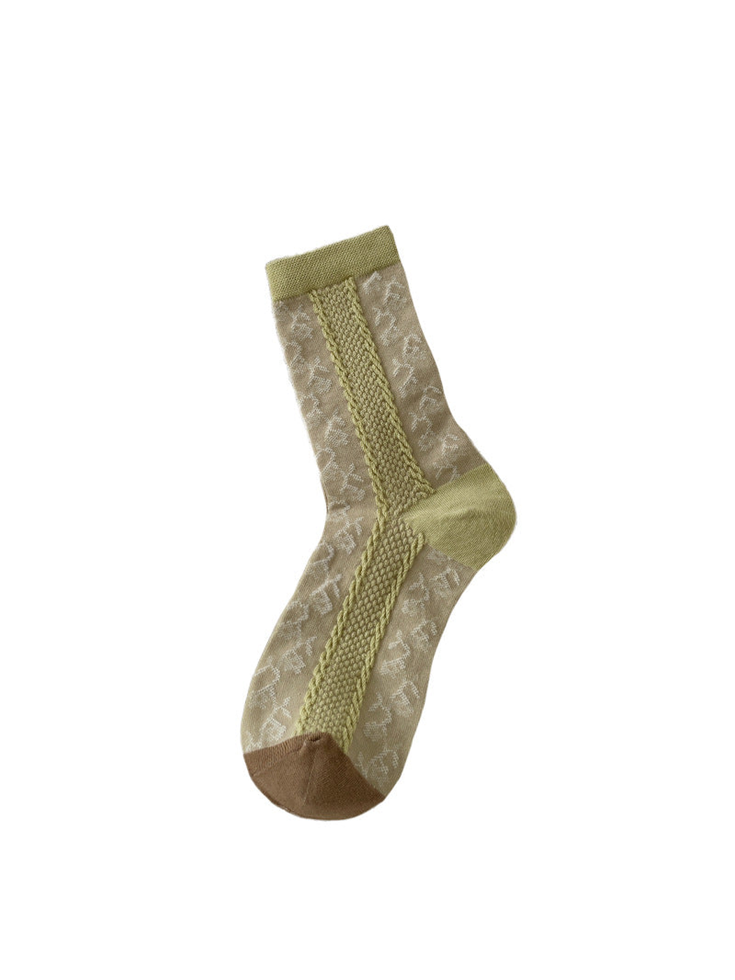 Green Panel crew sock with geometric motifs and a textured side panel