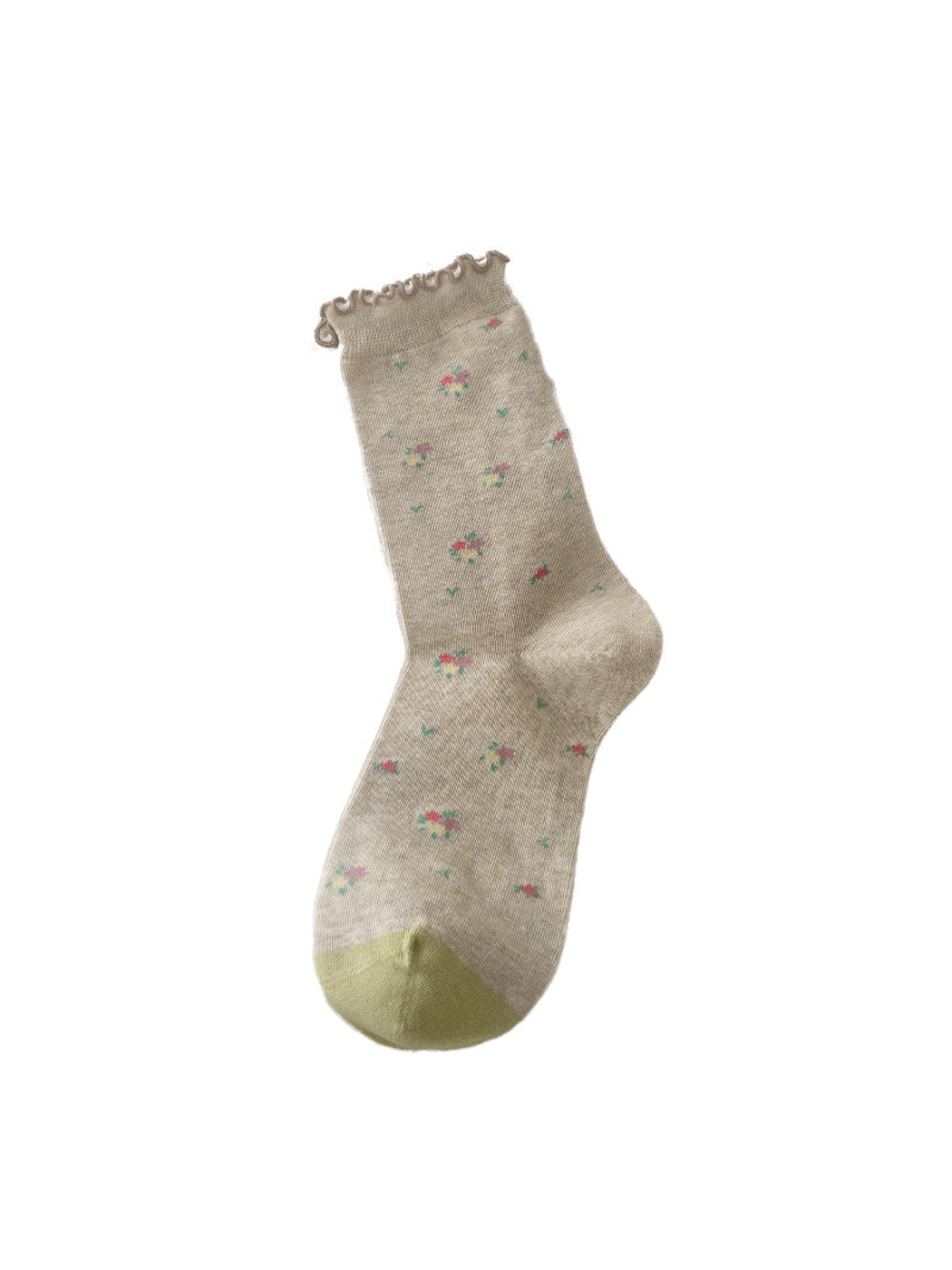 Ruffled Cuff crew sock with tiny floral motifs and a green toe
