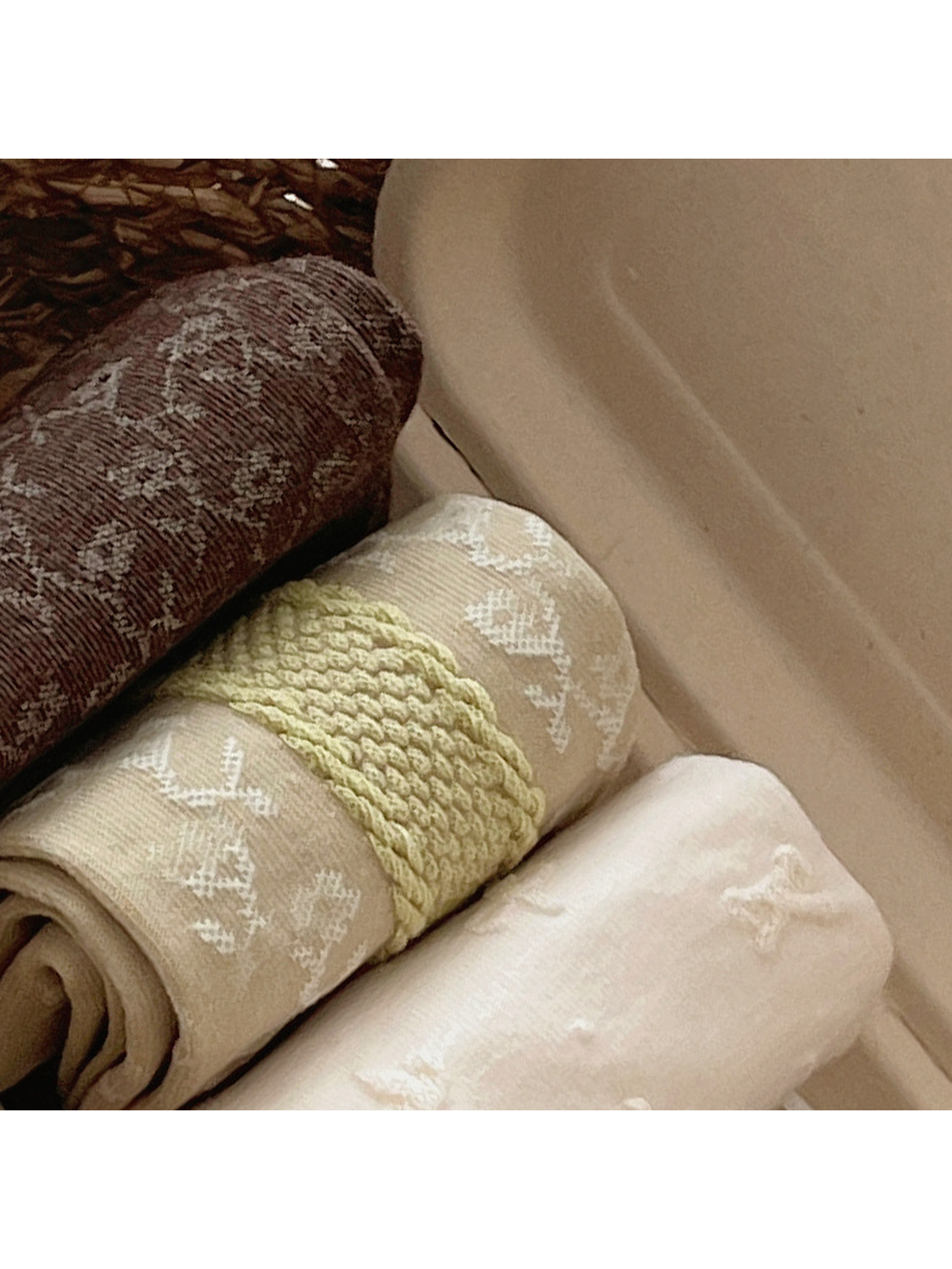 Close-up of botanical, geometric and raised floral sock textures