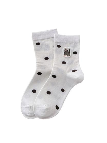 Polka Dot white crew socks with embroidered cat motif