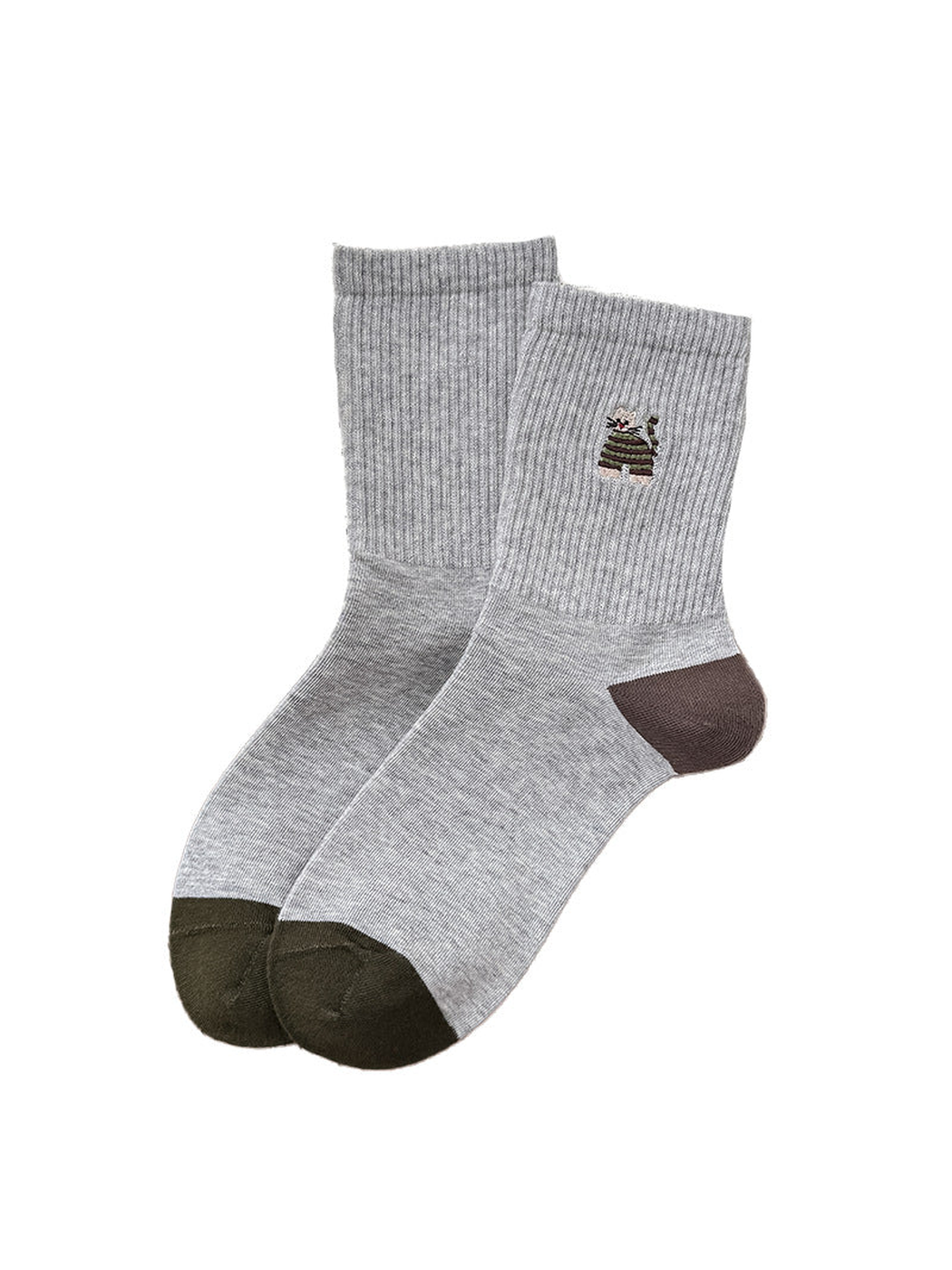 Heather Gray crew socks with embroidered cat motif and contrasting toe and heel