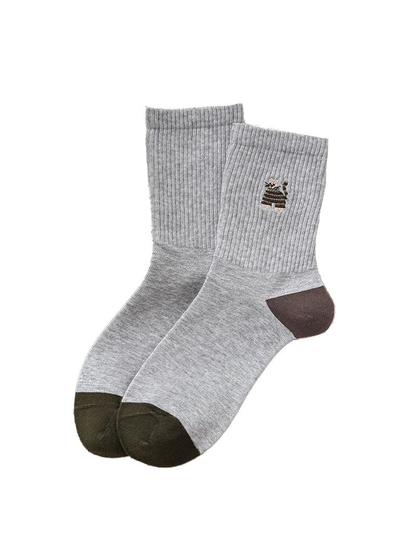 Heather Gray crew socks with embroidered cat motif and contrasting toe and heel