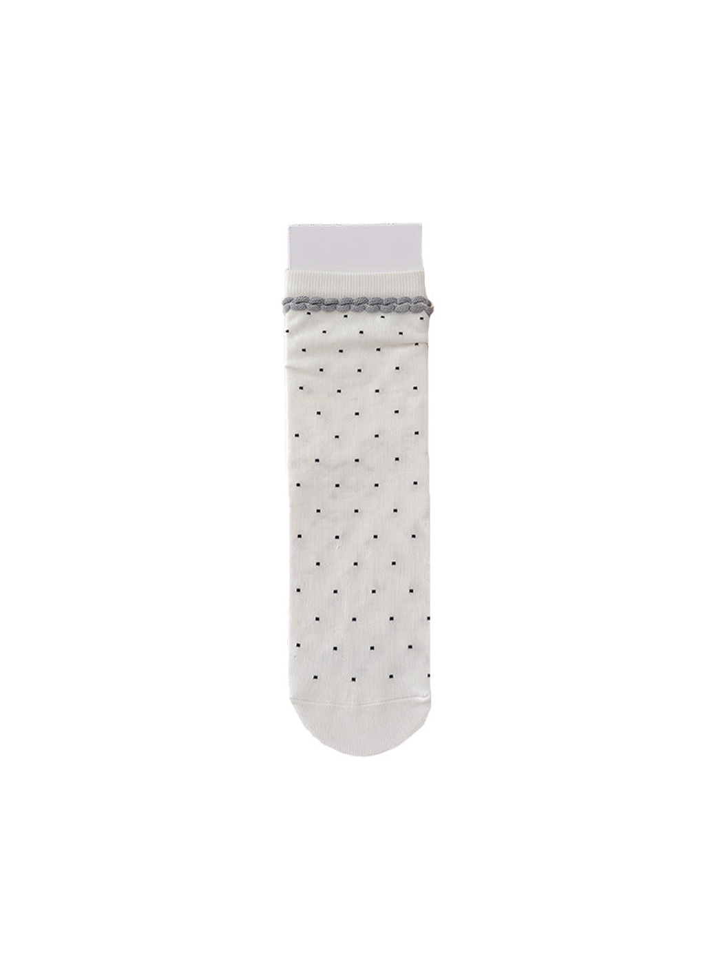 White polka-dot crew sock with gray looped cuff trim