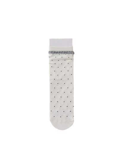 White polka-dot crew sock with gray looped cuff trim