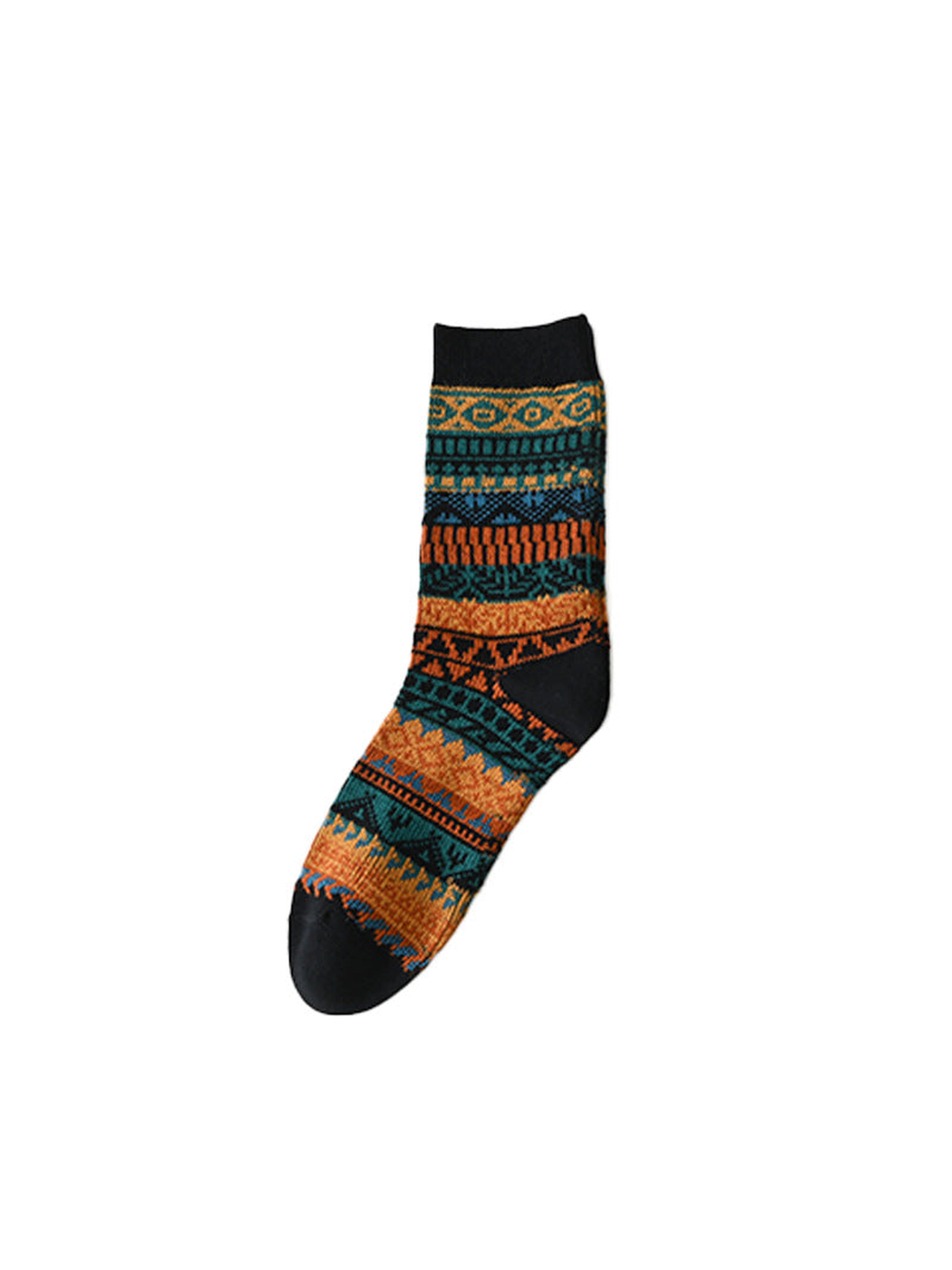 Black crew sock with multicolor geometric bands