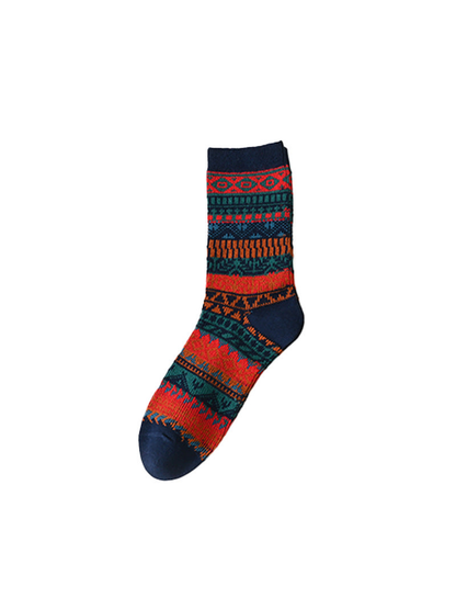 Navy crew sock with multicolor geometric bands