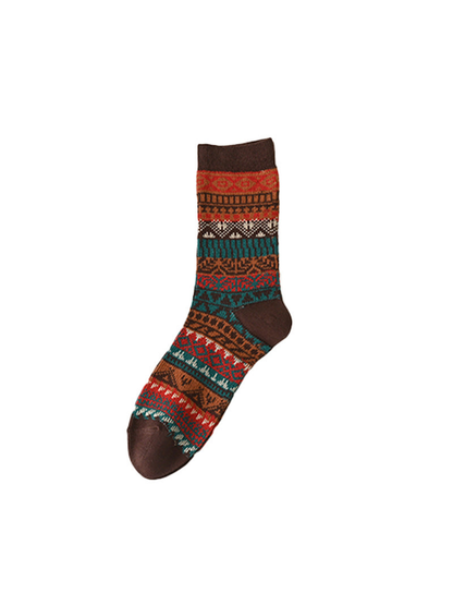 Coffee crew sock with multicolor geometric bands