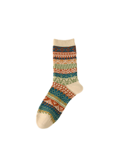 Cream crew sock with teal, orange and green geometric bands