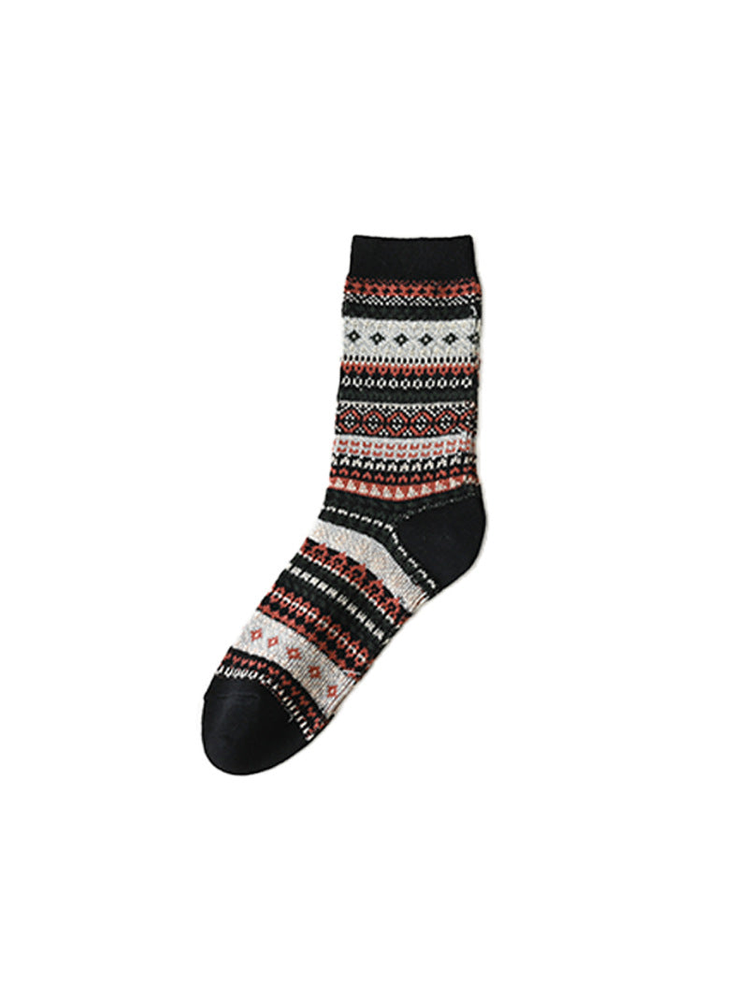 Black crew sock with multicolored geometric bands