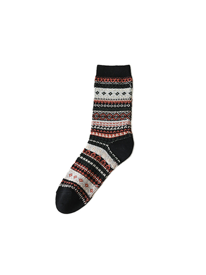 Black crew sock with multicolored geometric bands