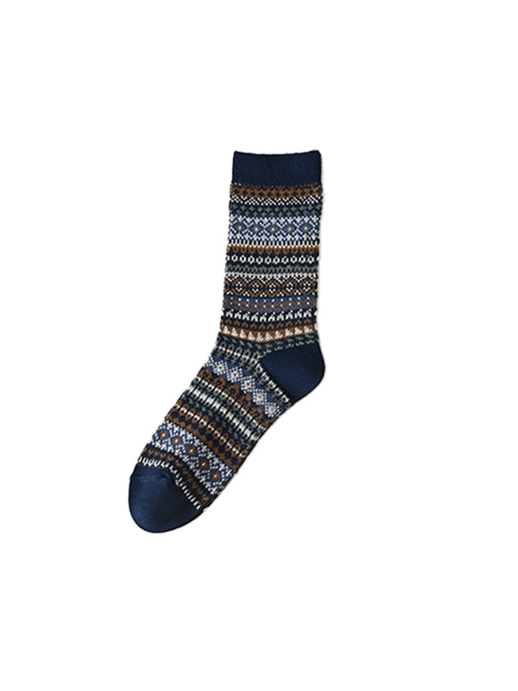 Navy crew sock with multicolored geometric bands