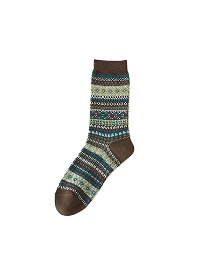 Coffee crew sock with blue and green geometric bands