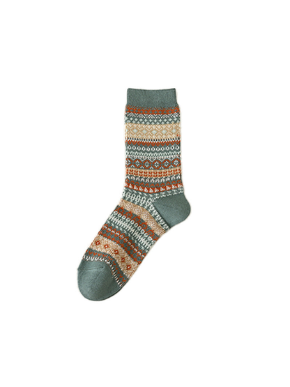 Green crew sock with orange and cream geometric bands