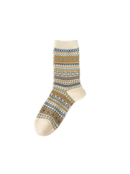 Ivory crew sock with blue and golden geometric bands