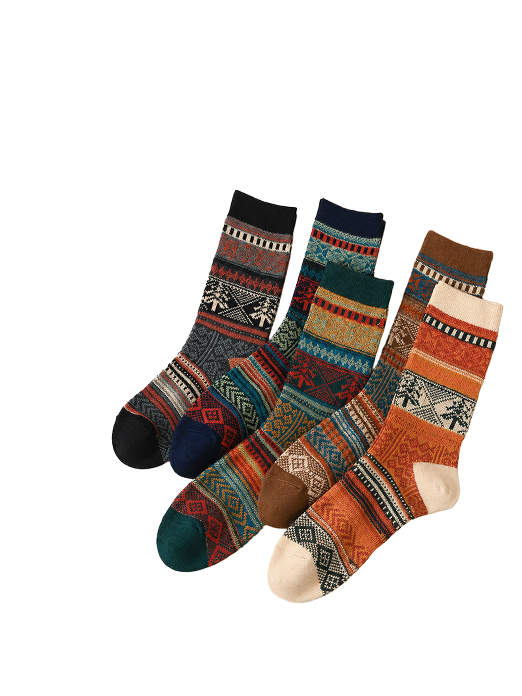 Multiple geometric-pattern crew sock colors displayed together