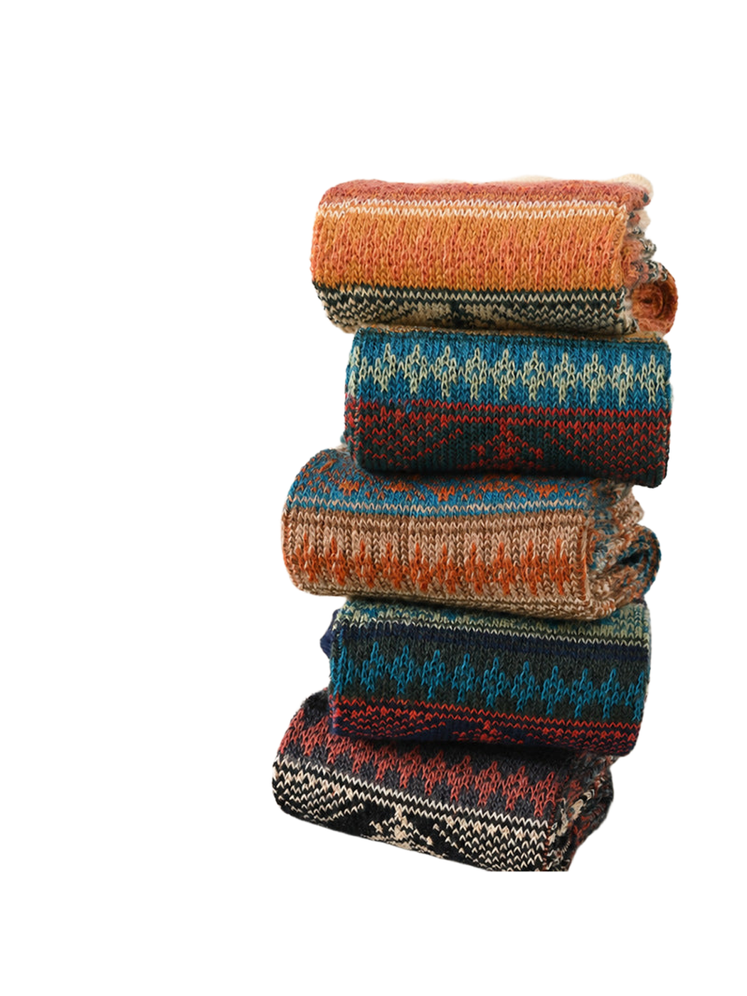 Stacked geometric-pattern crew socks in multiple colors