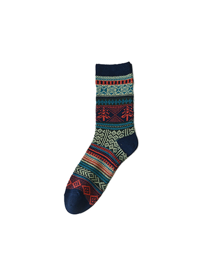 Navy geometric-pattern crew sock with contrasting heel and toe