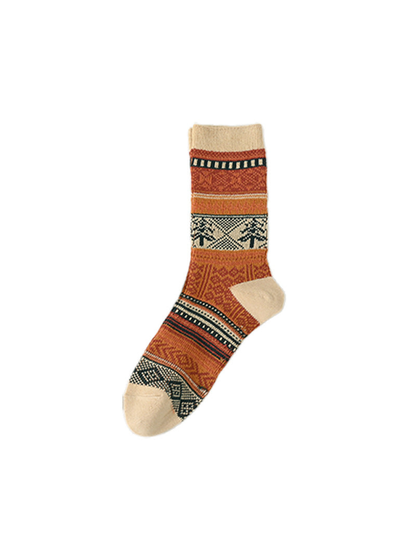 Orange geometric-pattern crew sock with cream heel and toe