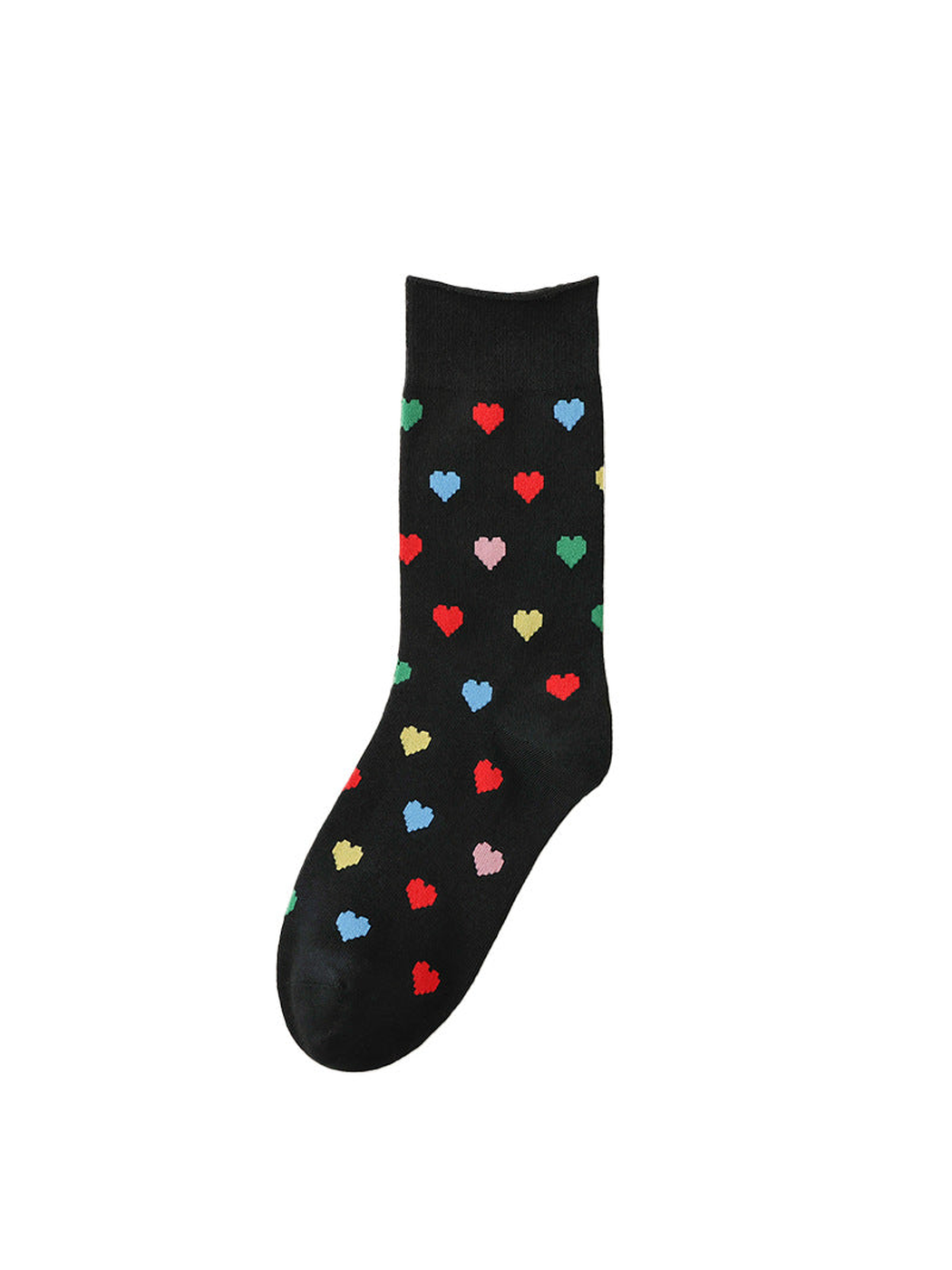 Black Hearts crew sock with multicolor heart pattern