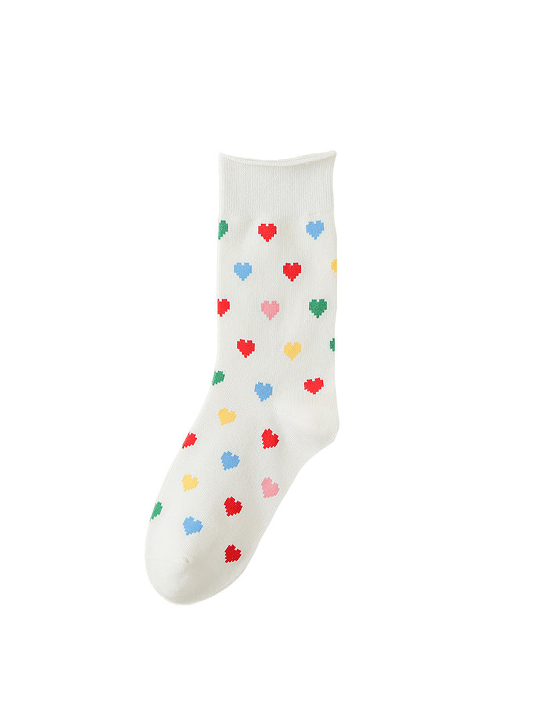 Ivory Hearts crew sock with multicolor heart pattern