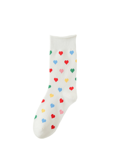 Ivory Hearts crew sock with multicolor heart pattern