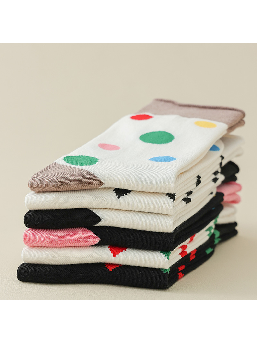 Multiple patterned crew sock styles stacked together