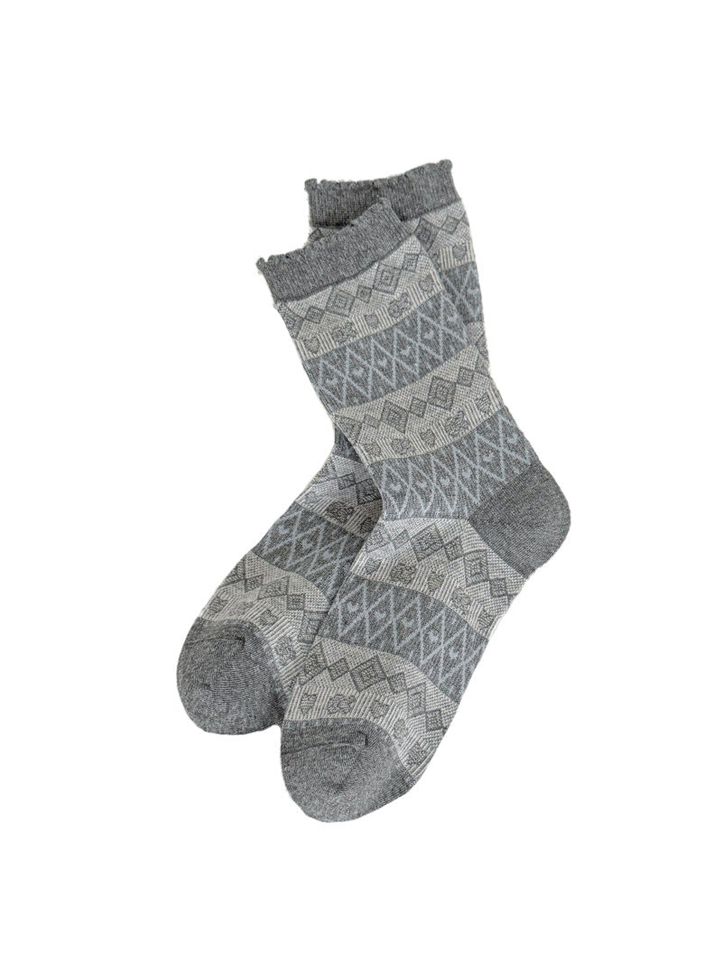 Gray Fair Isle crew socks with geometric pattern