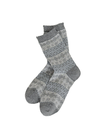 Gray Fair Isle crew socks with geometric pattern