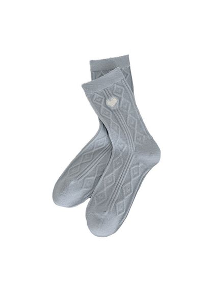 Light blue Heart crew socks with geometric knit pattern