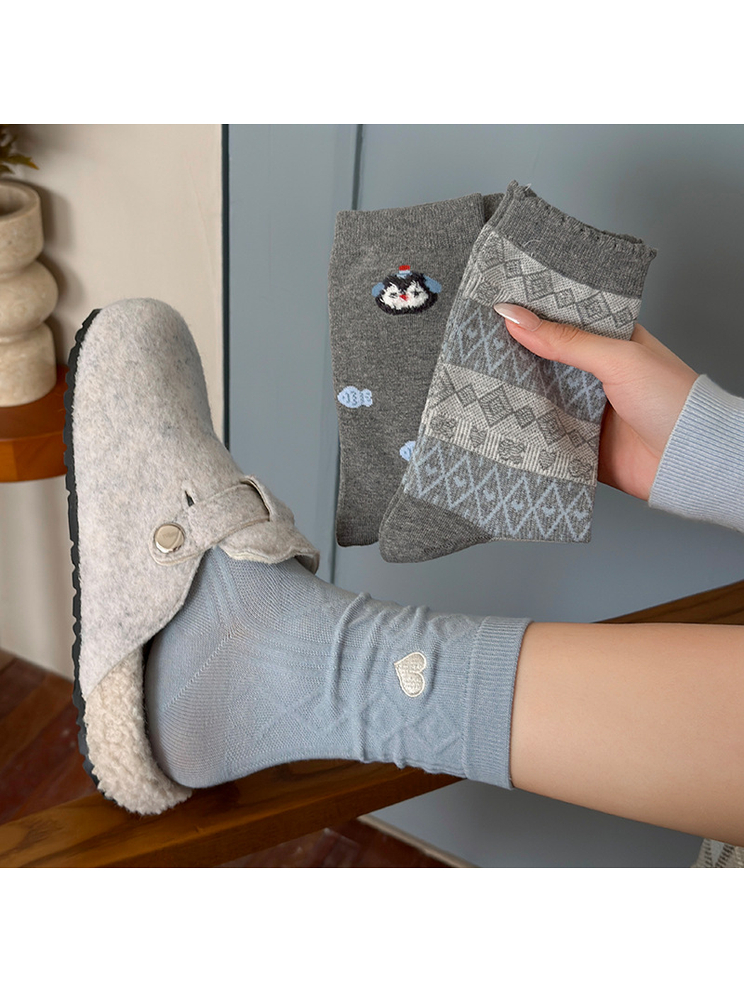 Heart socks worn with folded Fish and Fair Isle styles held together