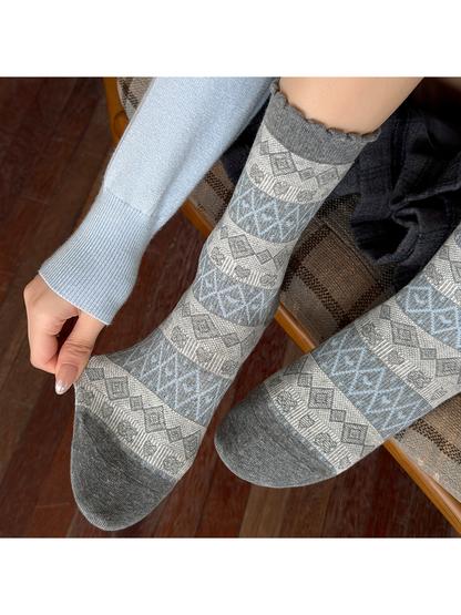 Close-up of Fair Isle geometric pattern and contrasting toes